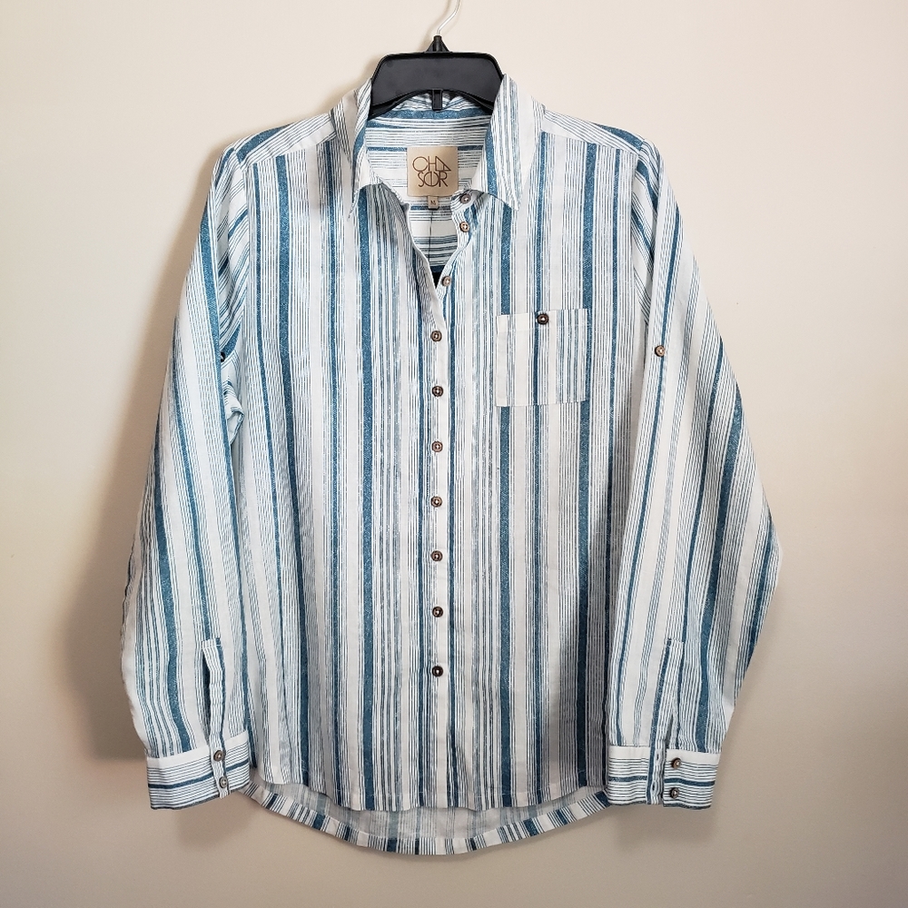 Chaser Button Down Shirt Blue White Striped Medium NWT
